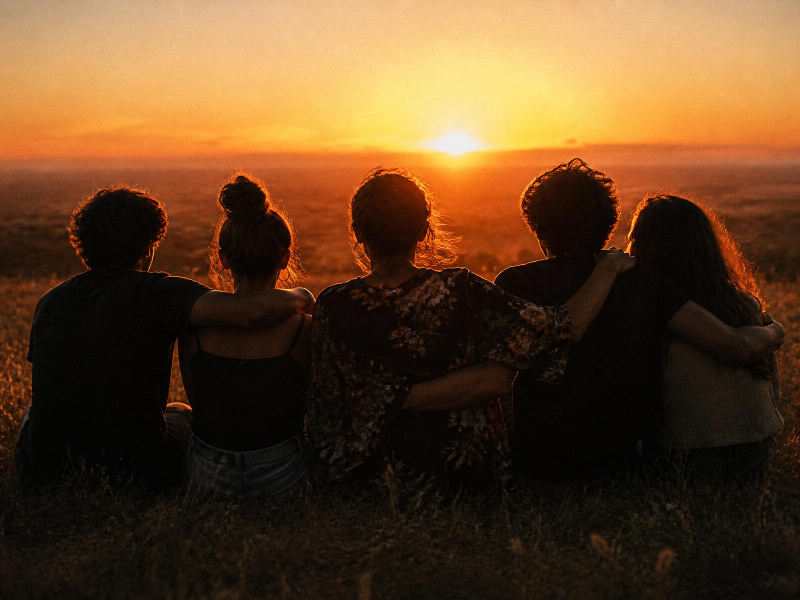 A group embracing while watching a golden sunset